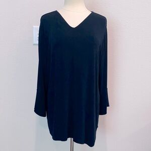 Chico's Travelers Dark Blue V-Neck Top with Bell Sleeves Sz XL